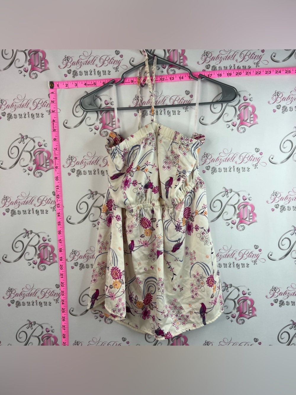 torrid halter tank top y2k Cream Sundress with Pink & Purple Floral Bird Print